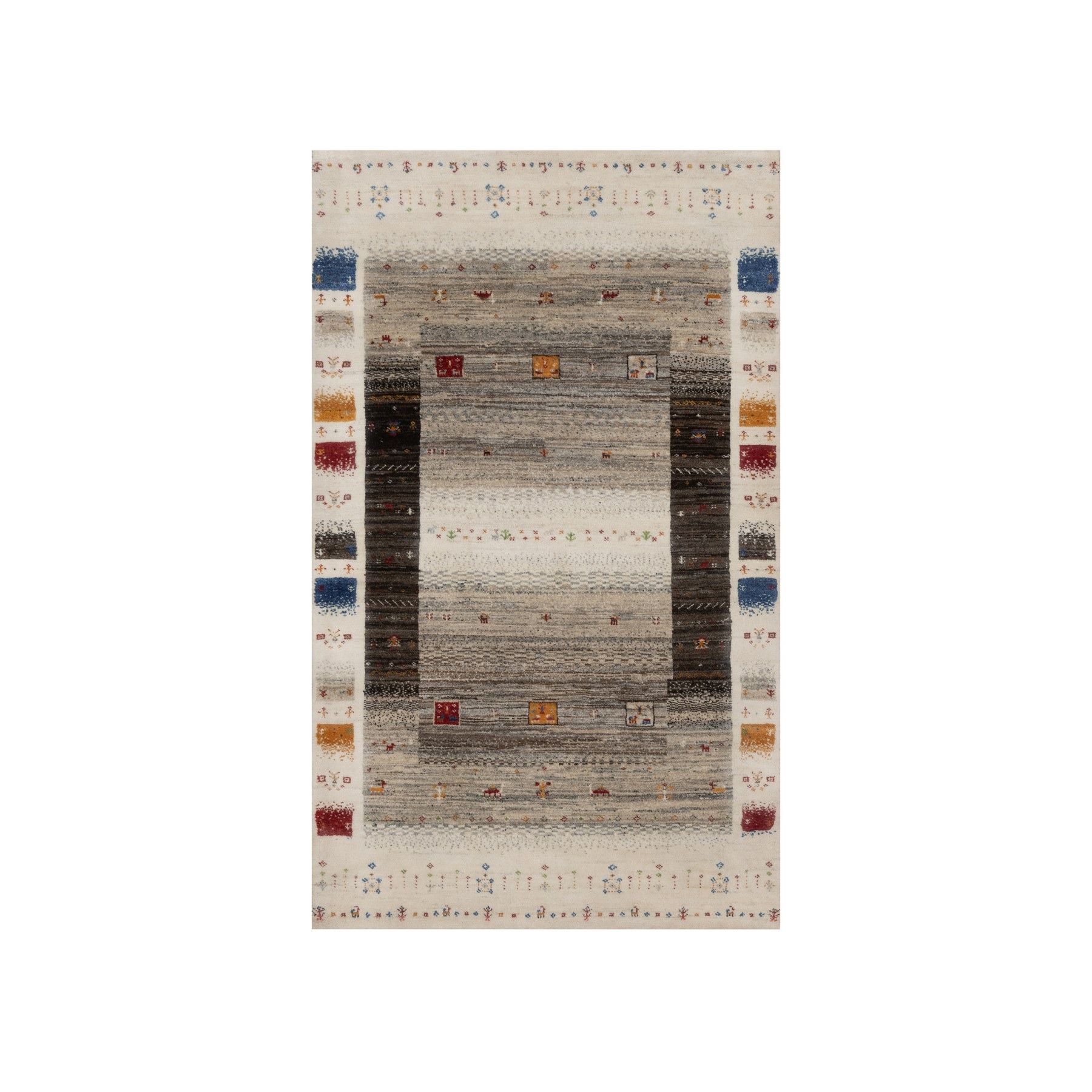 Chiffon White, Modern, Lori Buft Gabbeh with Small Animal and Human Figurines, Thick and Plush, Pure Wool, Hand Knotted, Oriental Rug